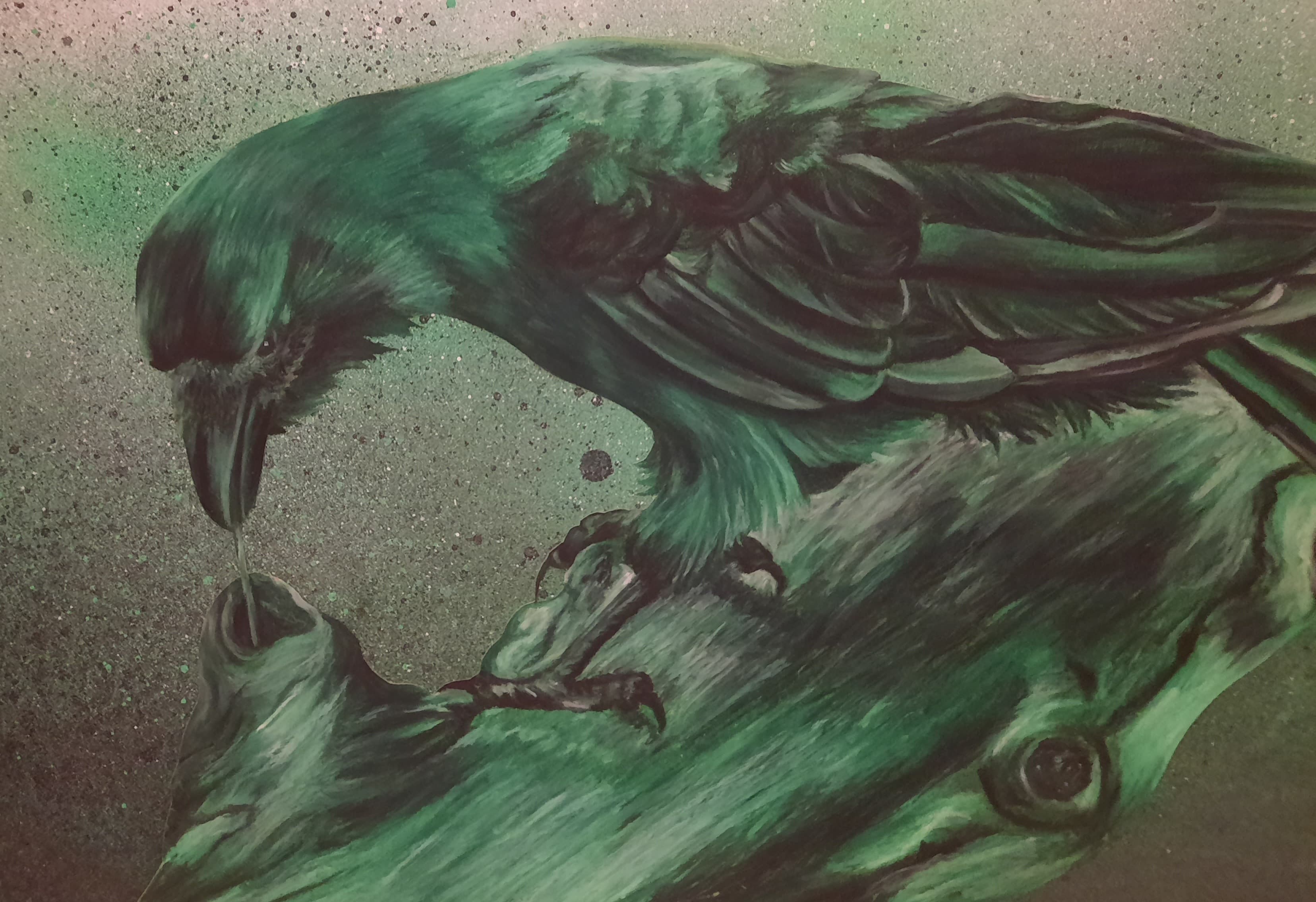 Green raven on driftwood