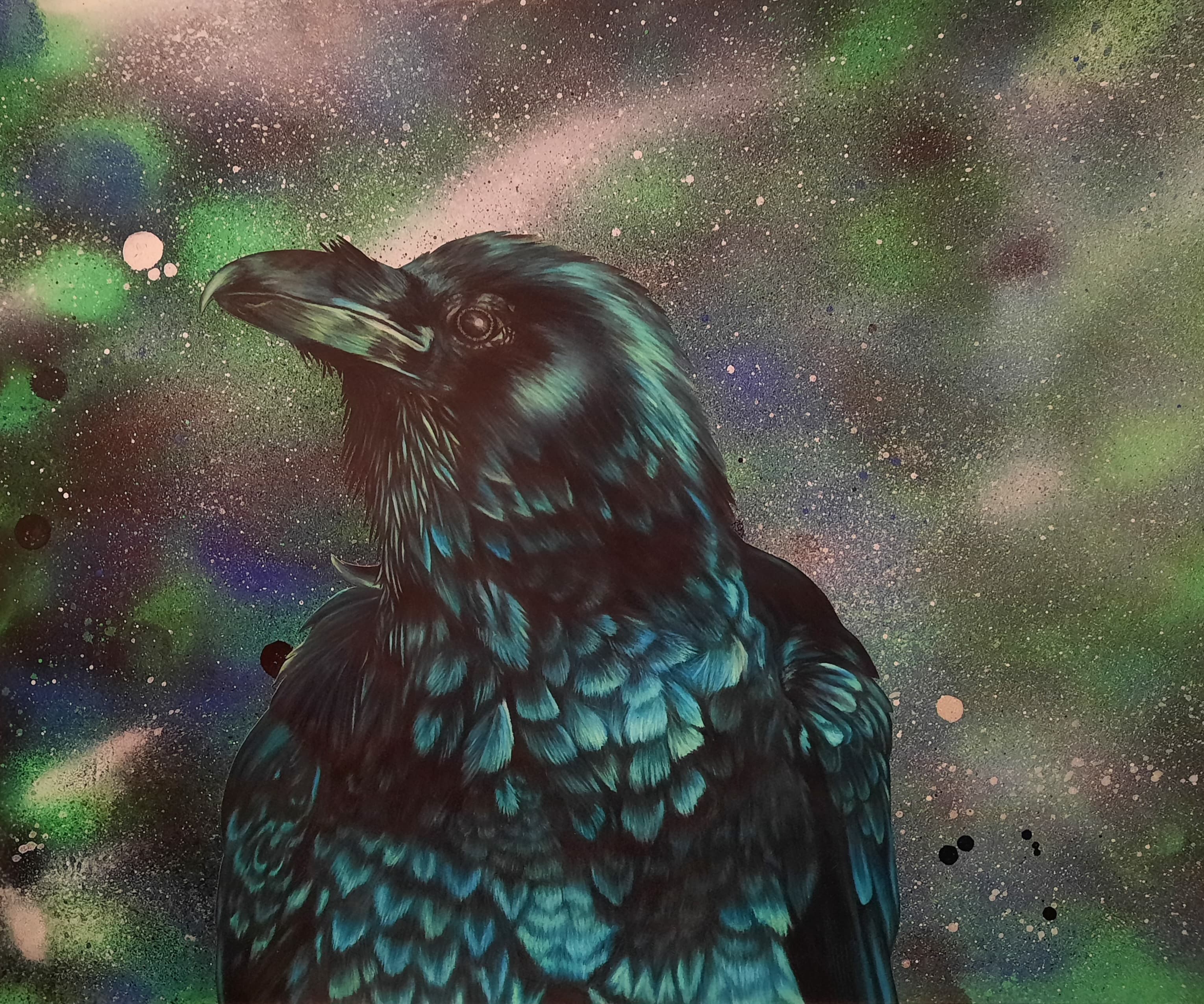 Raven in galaxy, teal