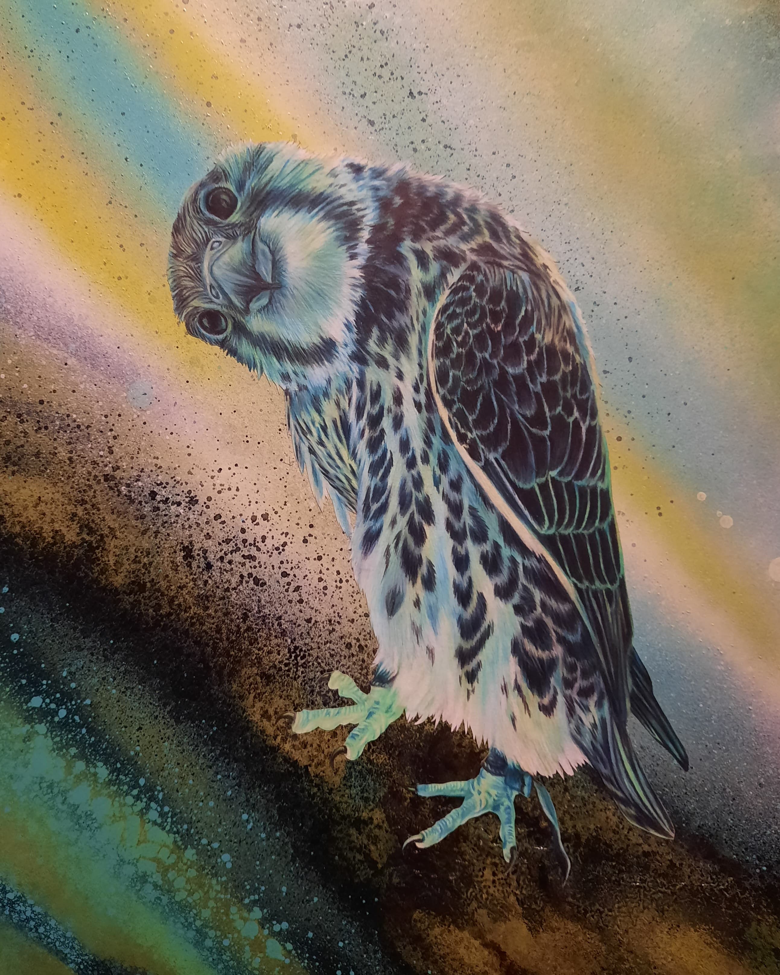 White gyrfalcon in spray haze