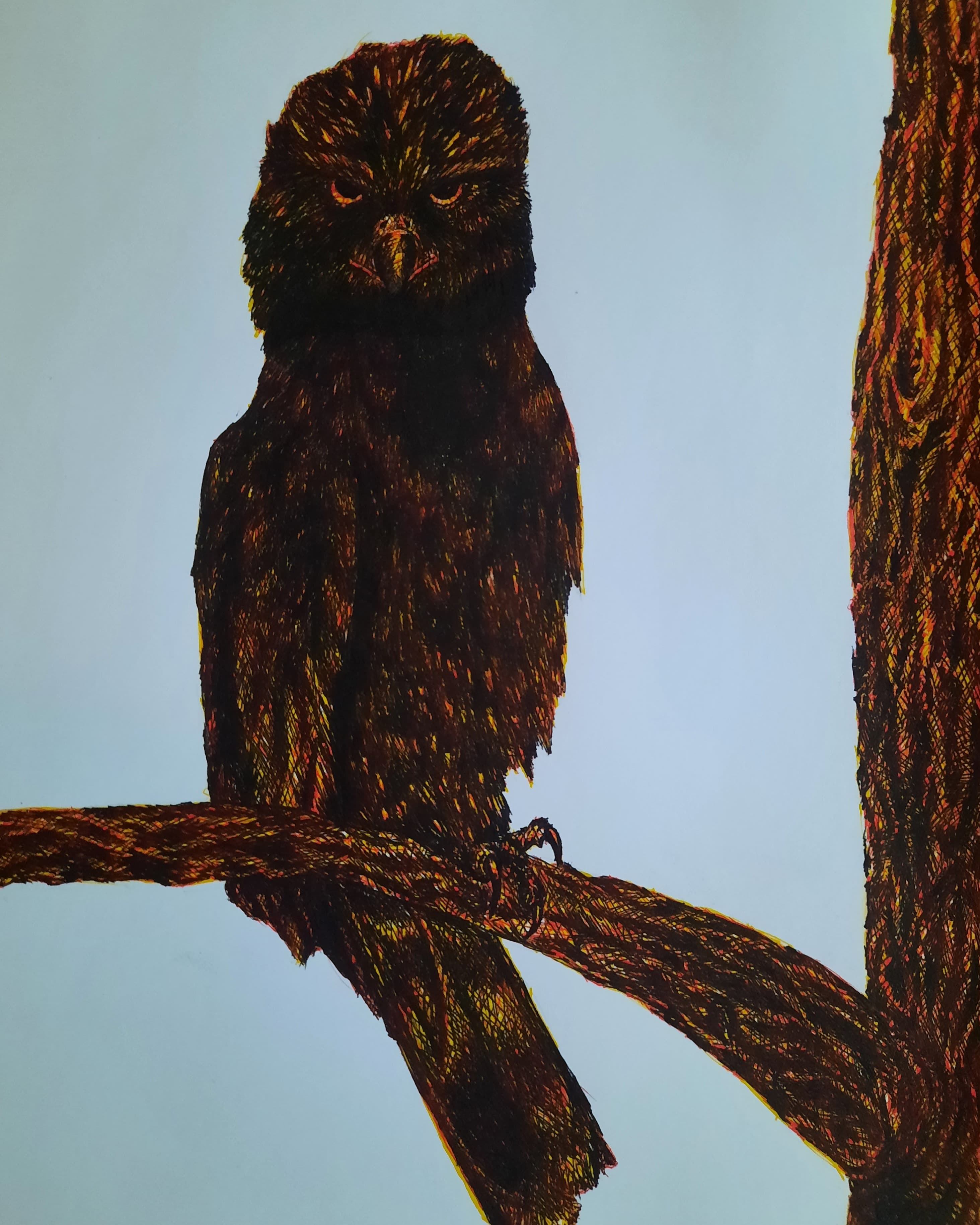 Dark owl in tree, ember ink