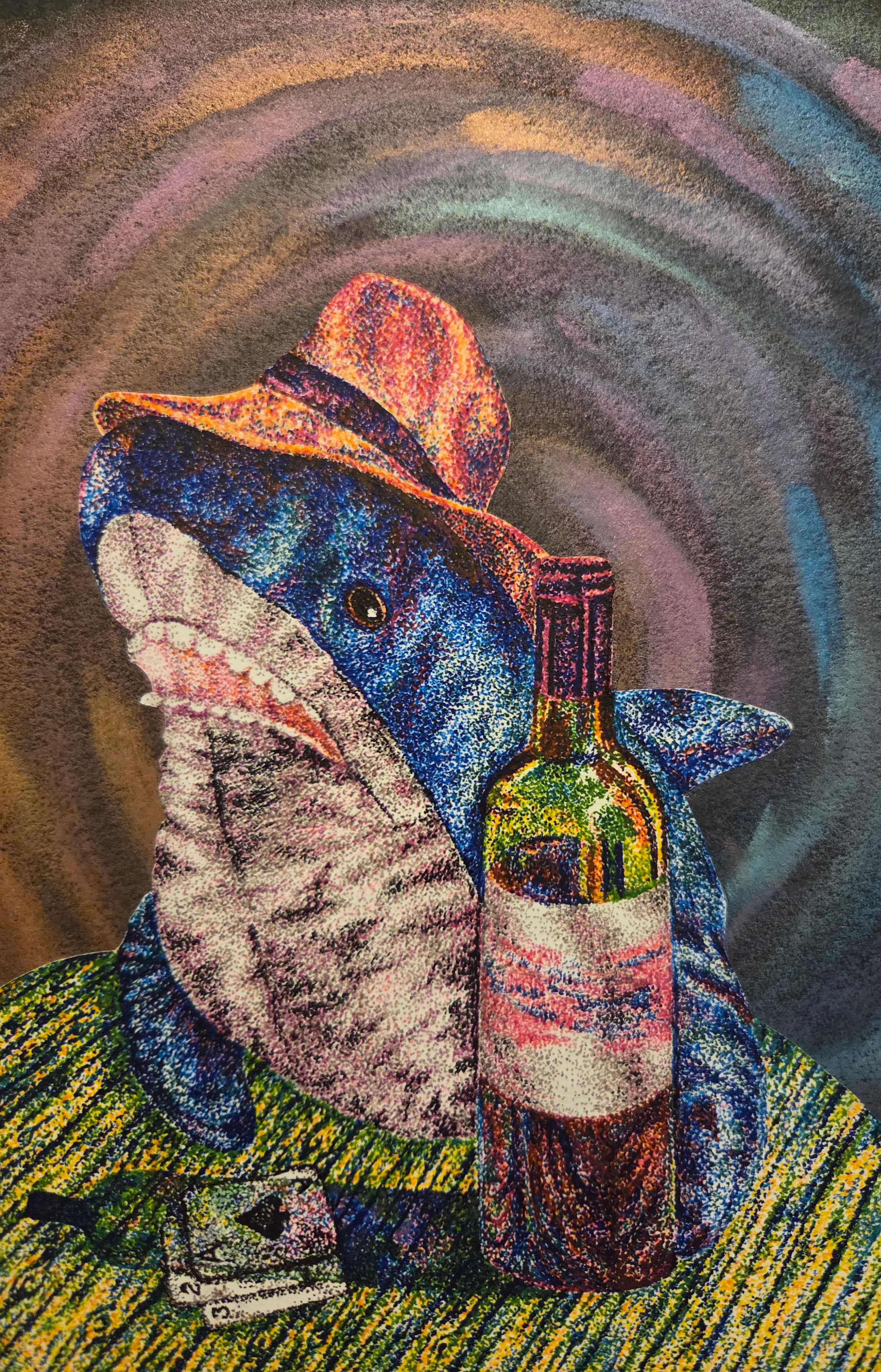 Shark in a hat with wine